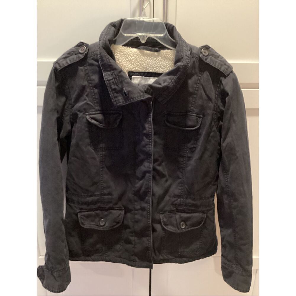 Kirra Womens Chore Field Military Button Up Jacket Sz L Muted Black Fur Lined